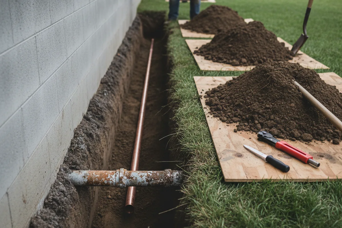 Excavated water line trench during Water Softener Installation in Bentonville